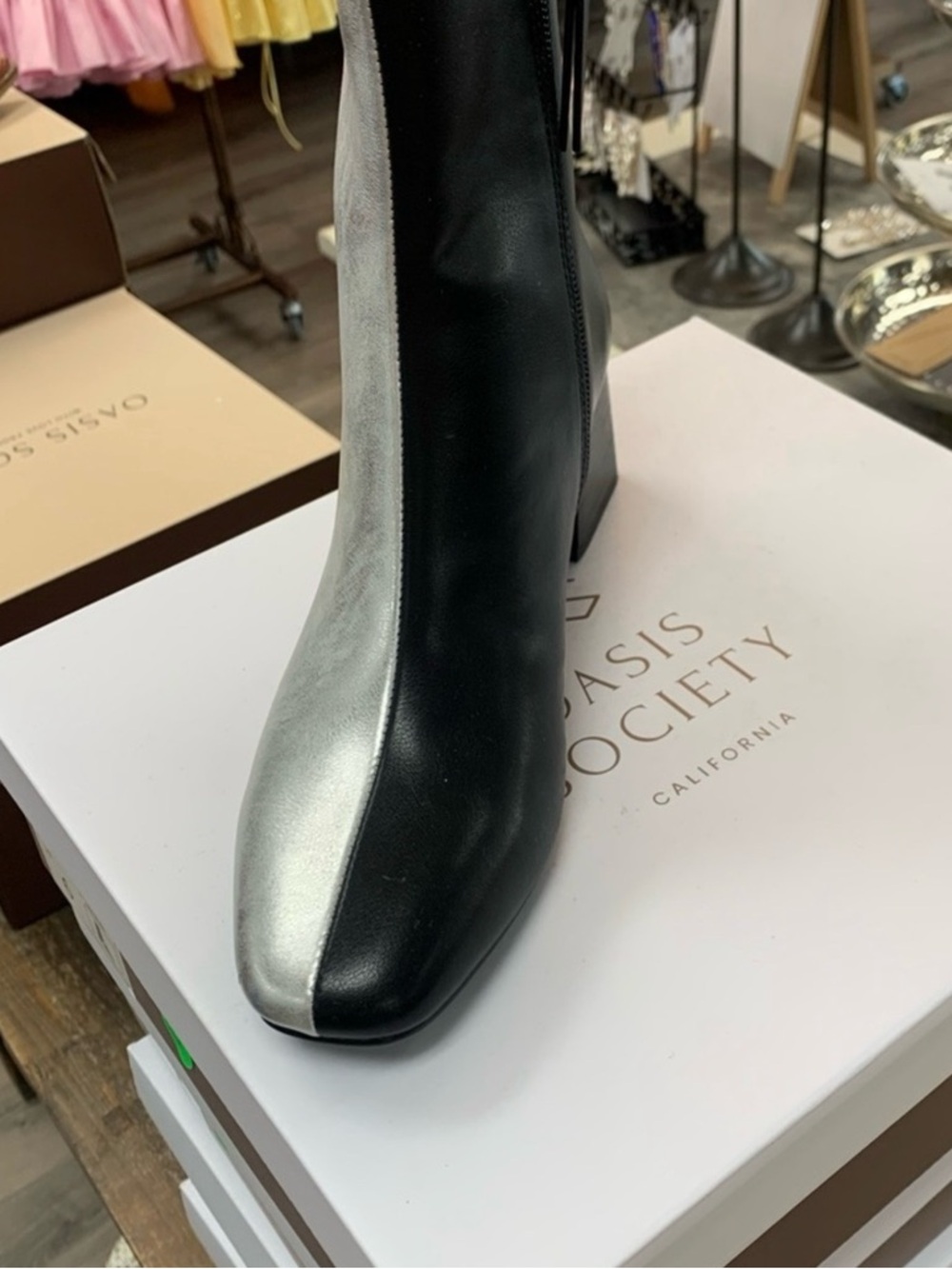 Society Black and Silver Two-Tone Block Heel Ankle Boot